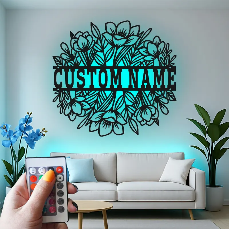 Cartel de nombre floral personalizado con LED | Arte mural de metal personalizado para ella | Decoración moderna boho para guardería y sala de estar
