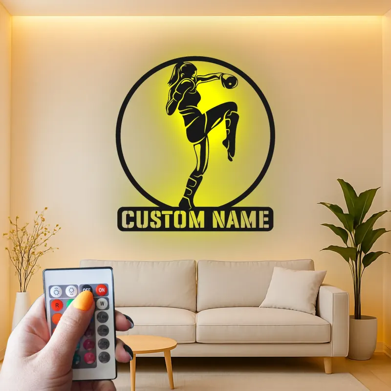 Custom Kickboxer Led Light Metal Wall Art Personalized Gift for Martial Arts Enthusiasts Gym or Home Decor