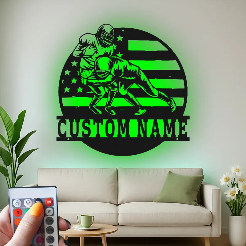 Arte Mural de Metal de Fútbol Personalizado con LED | Cartel de Nombre Personalizado para Man Cave o Habitación de Adolescentes | Regalo para Jugador de Fútbol Americano