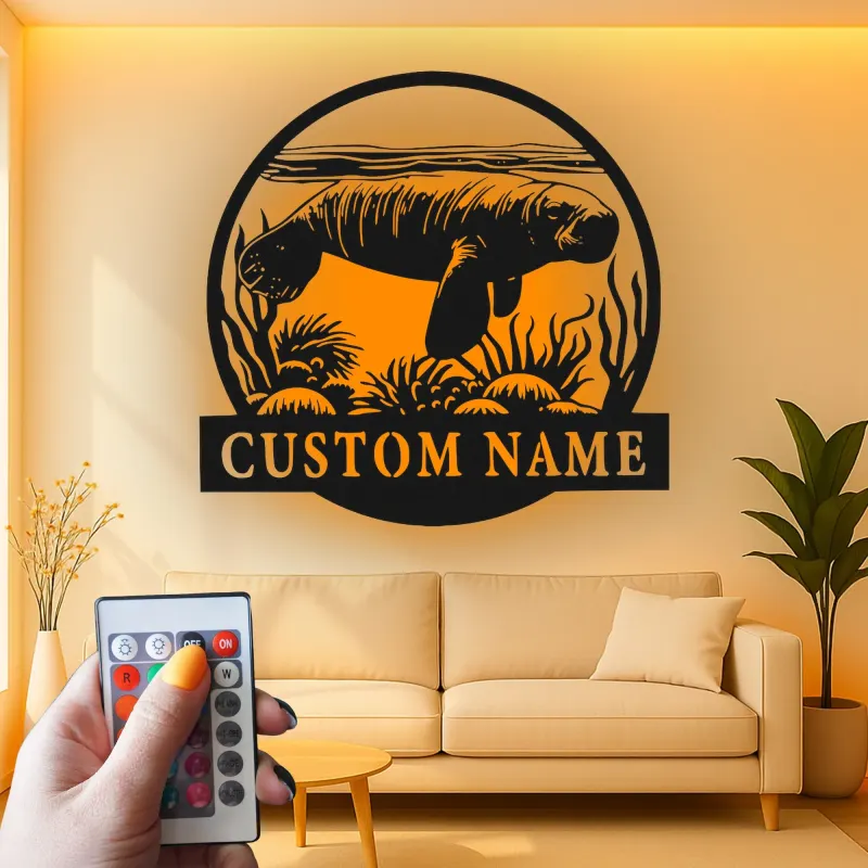 Custom Manatee LED Metal Wall Art | Personalized Nautical Decor | Florida Ocean Lover Gift Sign