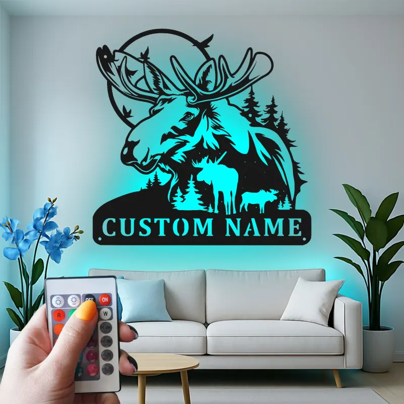 Custom Moose Family LED Metal Sign | Personalized Wildlife Wall Art | Rustic Cabin Decor for Nature Lovers & Hunters