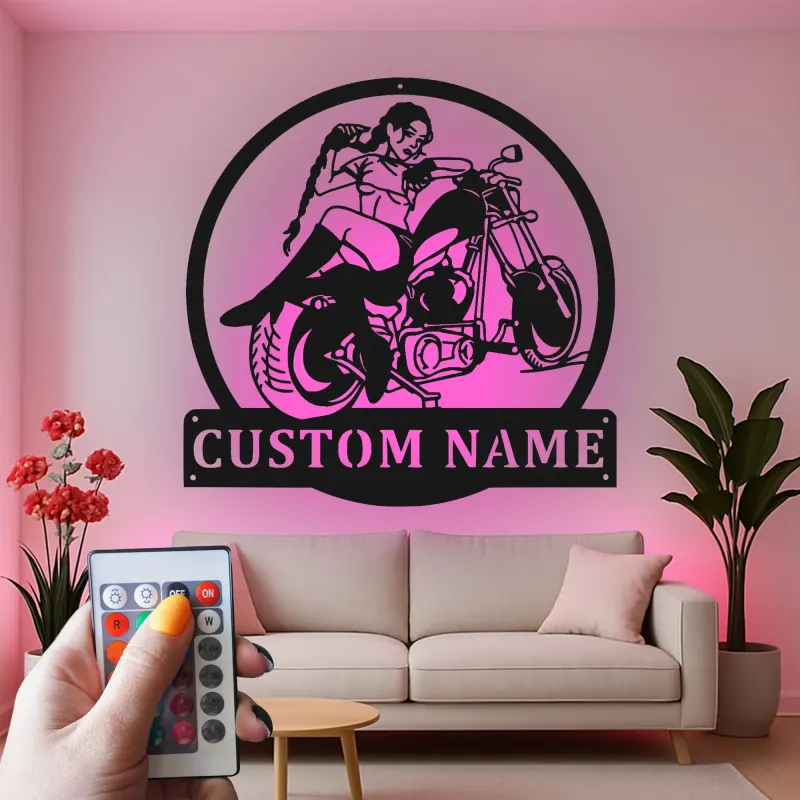 Décoration murale en métal LED personnalisée pour pilote de moto - Cadeau de motard pour lui, décoration de garage pour passionnés de moto