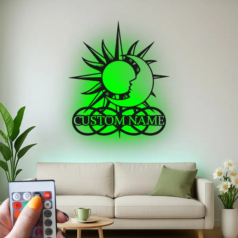 Cartel de metal personalizado con luz LED de sol y luna regalo celestial personalizado decoración de dormitorio o salón