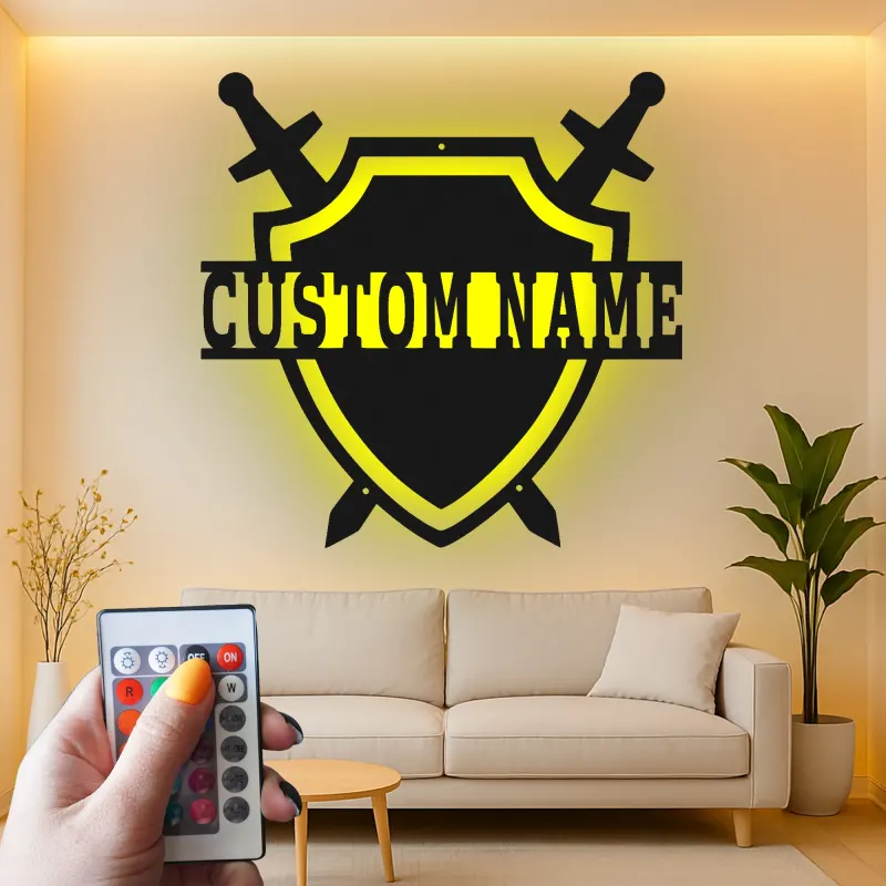 Cartel de metal personalizado con escudo y espada | Decoración mural LED con nombre a medida para sala de juegos | Decoración medieval guerrera para dormitorio juvenil