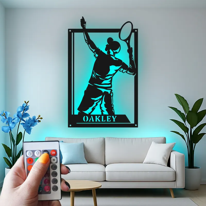 Personalized Tennis Player Metal Wall Art | Custom LED Name Sign for Game Room | Athlete Silhouette Decor