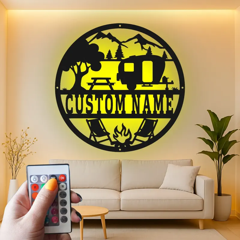 Personalisierte LED-Metall-Wandkunst mit Camper-Szene – Geschenk für Wohnmobilfans, Outdoor-Deko