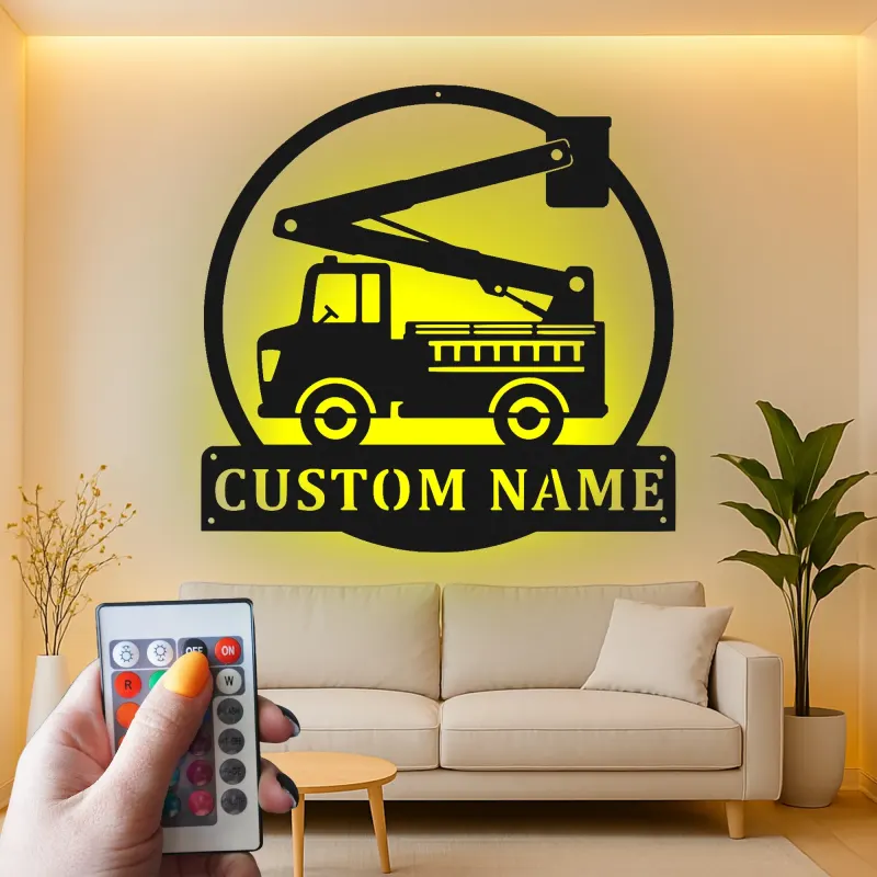 Panneau camion de pompiers personnalisé | Décoration murale LED personnalisée pour pompier | Décor de caserne et chambre d’enfant