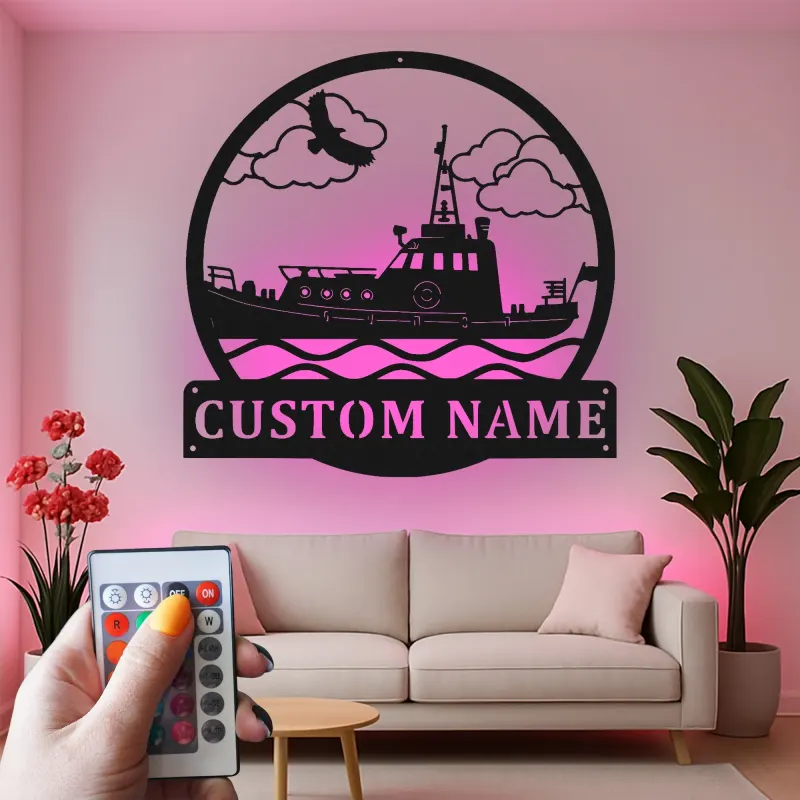 Décoration murale en métal personnalisée Remorqueur avec rétroéclairage LED Cadeau nautique pour les amoureux de bateaux Décor maritime personnalisé pour la maison