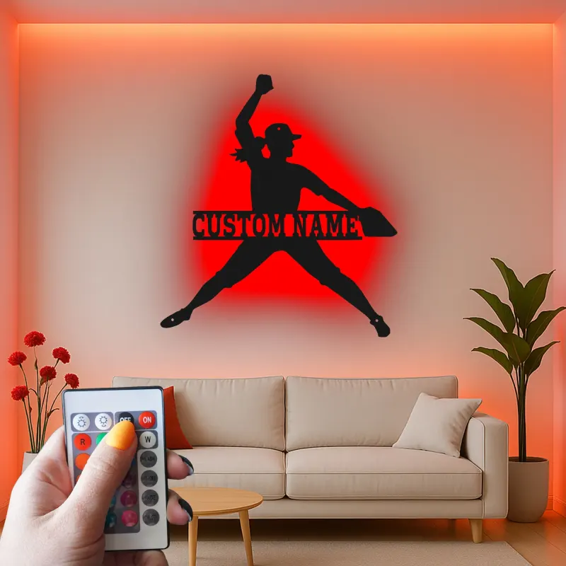 Cartel de metal personalizado de lanzadora de softball | Luz LED de nombre para habitación de chicas | Regalo personalizado para atleta | Arte mural deportivo femenino