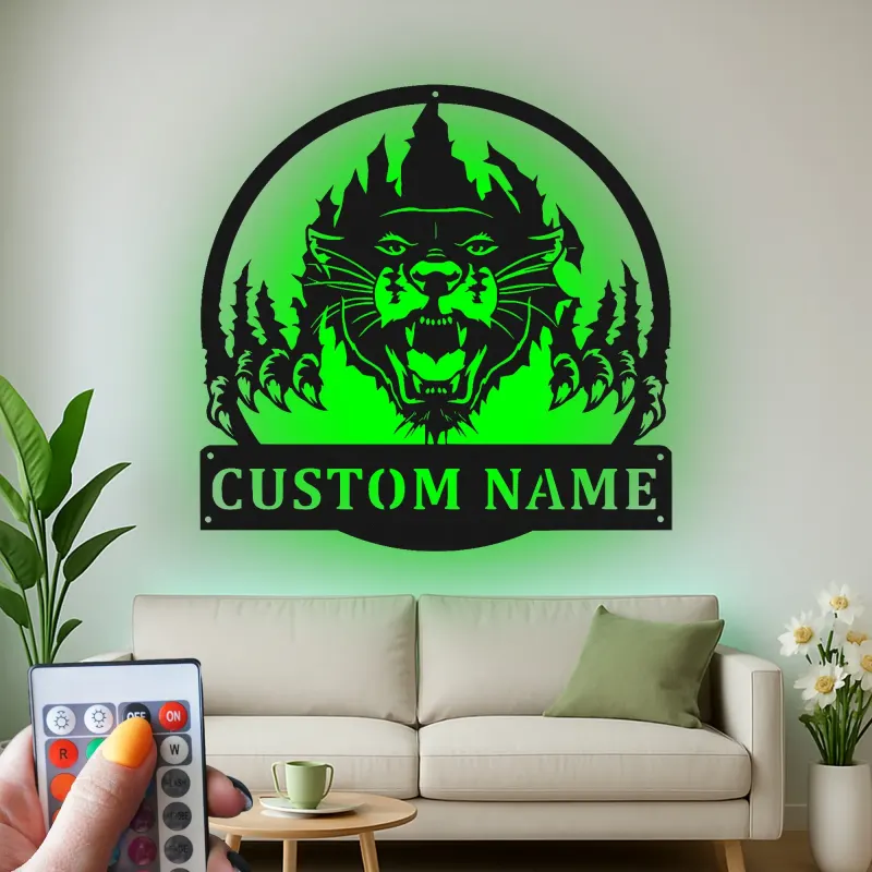 Insegna in metallo LED personalizzata con pantera, regalo per amanti della fauna selvatica, decorazione rustica per cabin