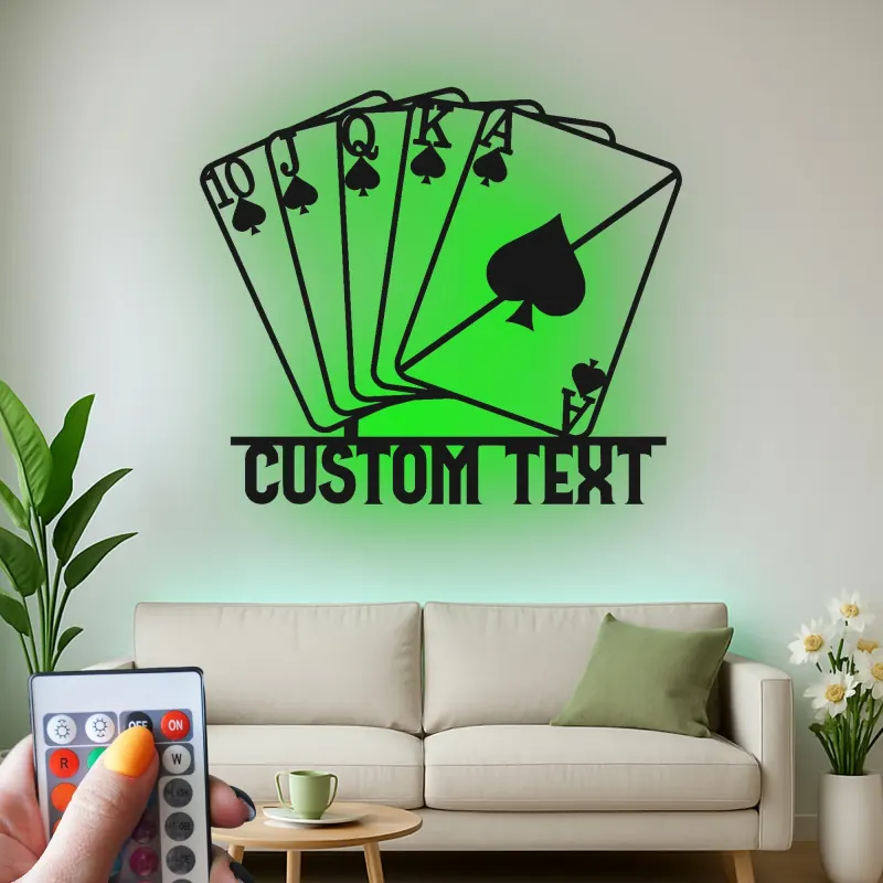 Arte da parete in metallo Royal Flush | Insegna LED personalizzata per sala giochi | Regalo decorativo per serata casino per lui
