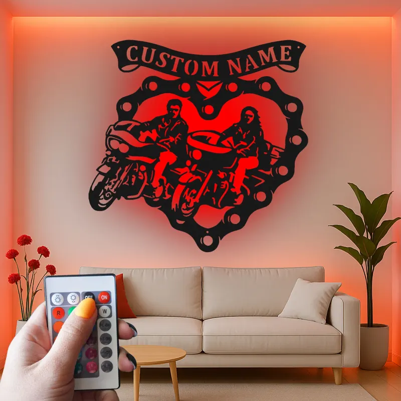 Personalisierte LED-beleuchtete Metall-Wandkunst für Motorradpaare – Biker Geschenk für Ihn oder Sie, Garagen- oder Man Cave Dekor