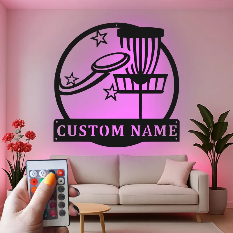 Insegna in metallo personalizzata con LED a forma di cestino per disc golf - Regalo per appassionati di disc golf - Decorazione per sala giochi 4