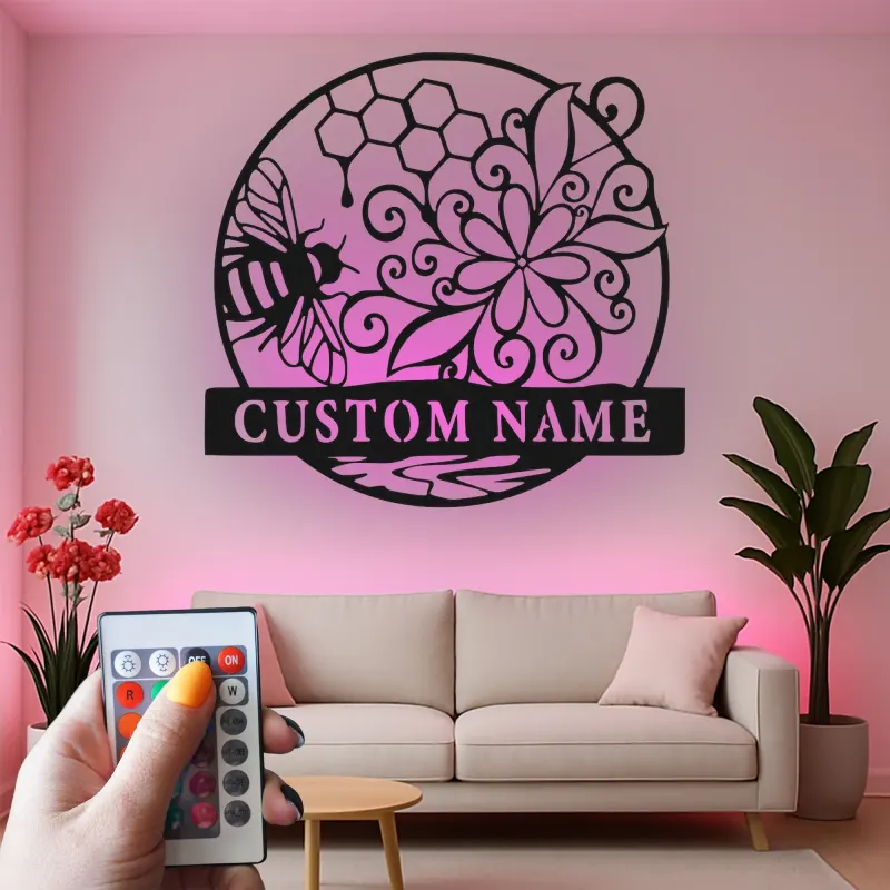 Décoration murale en métal personnalisée Abeille et Rayons de miel avec rétroéclairage pour amoureux de la nature