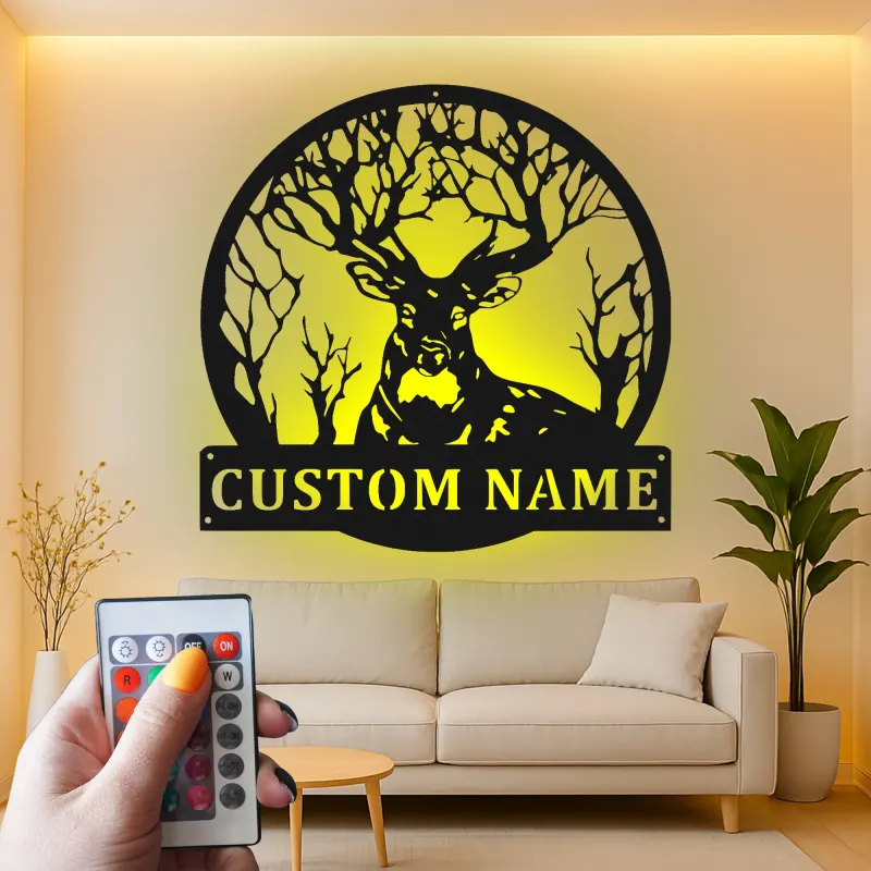 Insegna in metallo LED personalizzata con cervo e foresta, regalo per amanti della natura, decorazione rustica per cabin