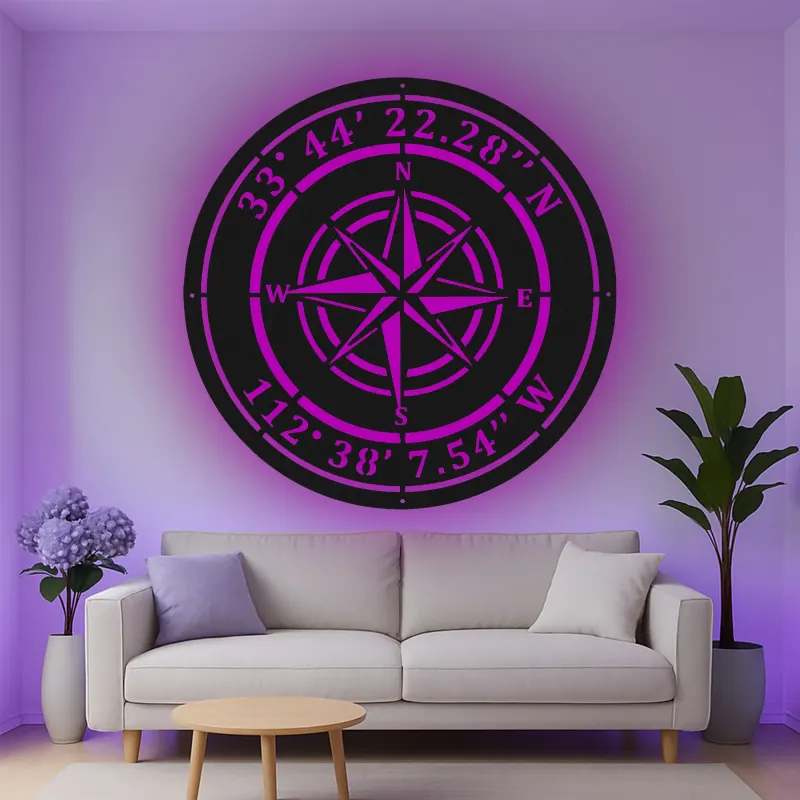 Cartel de metal LED personalizado de rosa de los vientos Regalo náutico para viajeros Decoración de sala de estar u oficina
