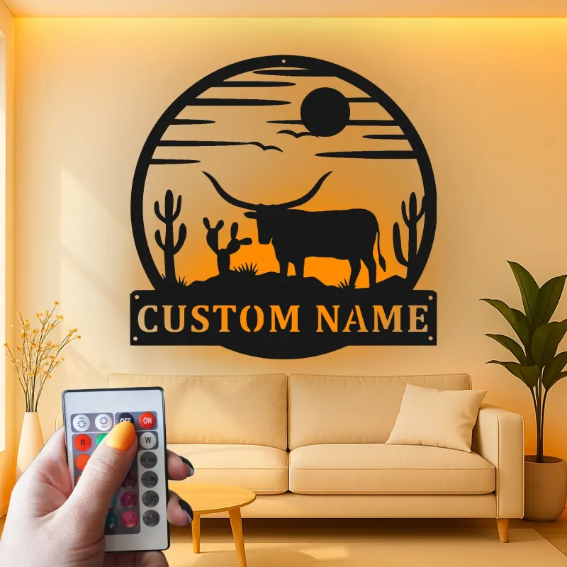 Cartel LED Texas Longhorn | Arte mural de metal para rancho | Decoración rústica occidental para vaqueros