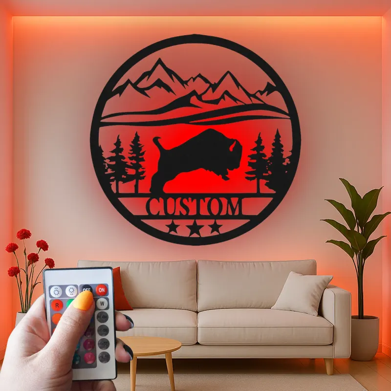 Cartel de metal LED personalizado de escena de montaña con búfalo, regalo para amantes de la naturaleza, decoración de cabaña rústica
