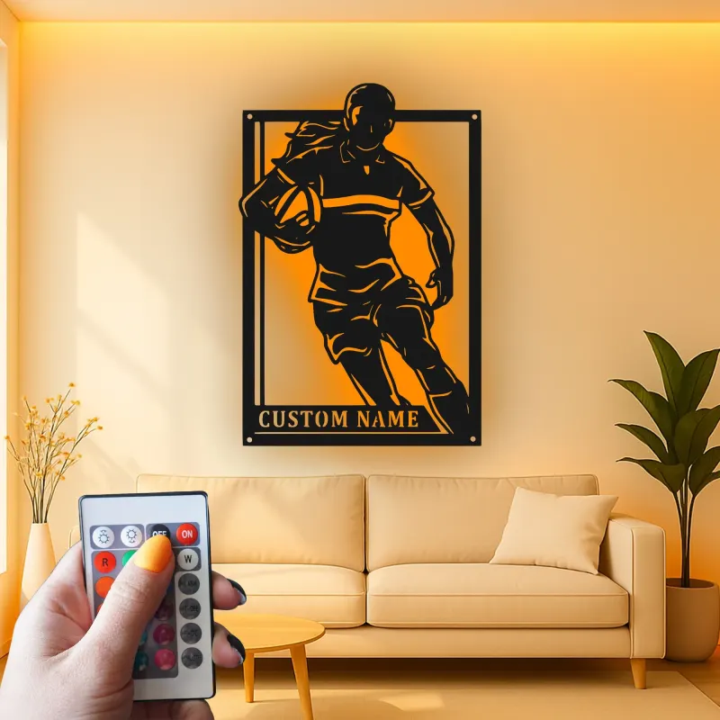 Insegna in metallo LED personalizzata per giocatrice di rugby | Decorazione murale per atleta con nome | Regalo per camera da ragazza rugbista