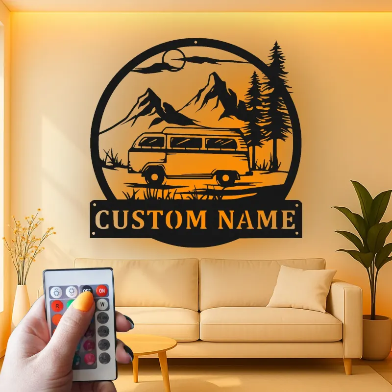 Cartel de metal LED con camper van personalizado, regalo para amantes de la aventura y decoración rústica