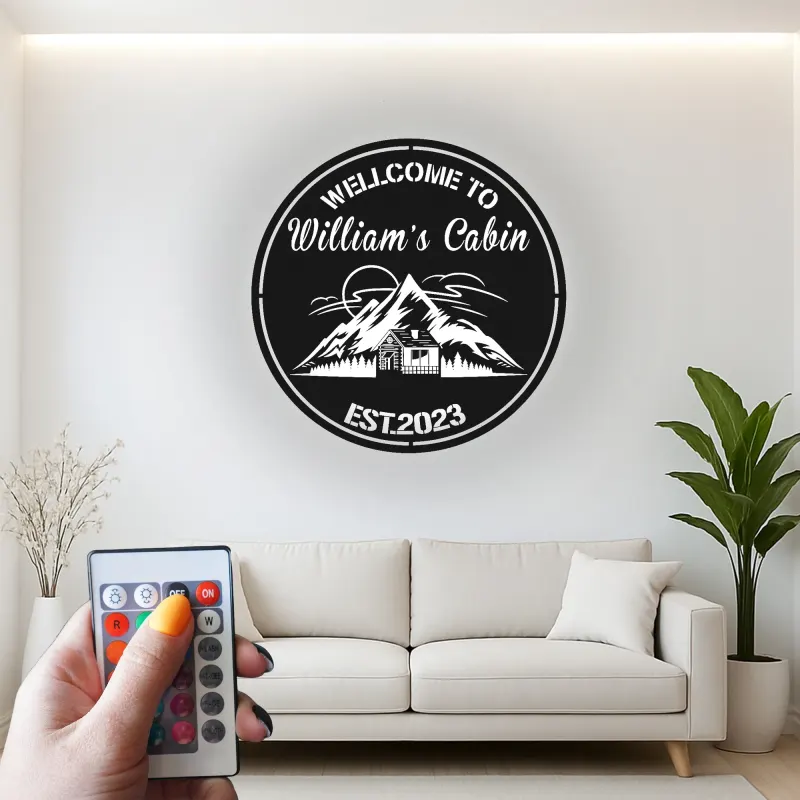Custom Mountain Cabin Led Light Metal Wall Art Personalized Housewarming Gift Rustic Cabin Decor