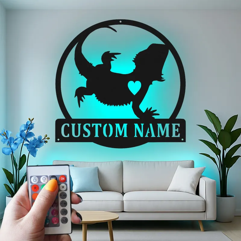 Cartel de metal personalizado con luz LED de dragón barbudo Regalo para amantes de reptiles Decoración de dormitorio o salón 2