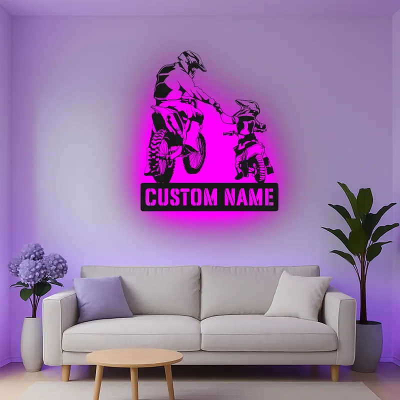 Personalisierte Motocross Vater und Kind LED Metall-Wandkunst – Geschenk für Papa, Garage oder Man Cave Dekor 1