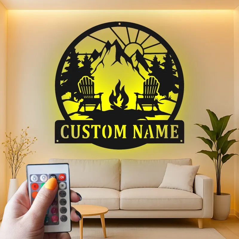 Cartel de metal LED personalizado de fogata de montaña regalo para amantes del aire libre decoración de cabaña o patio