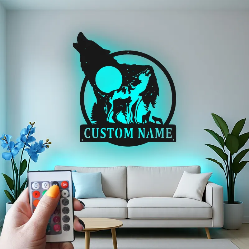 Custom Wolf Pack Led Light Metal Wall Art Personalized Nature Lover Gift Rustic Cabin Decor