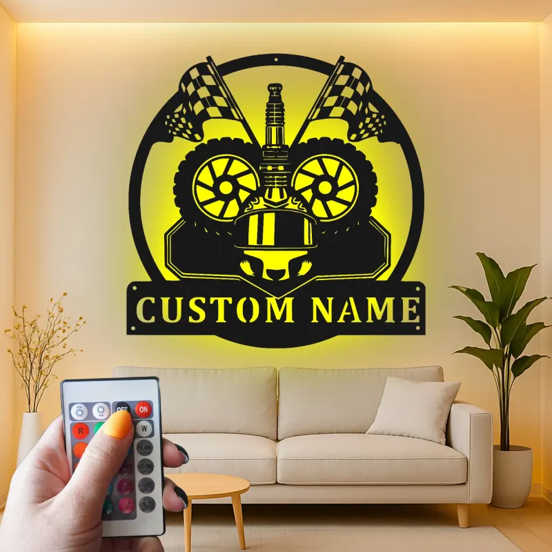 Personalized Racing Helmet Metal Sign | LED Light Wall Art for Garage | Custom Motorsport Decor | Gift for Racer