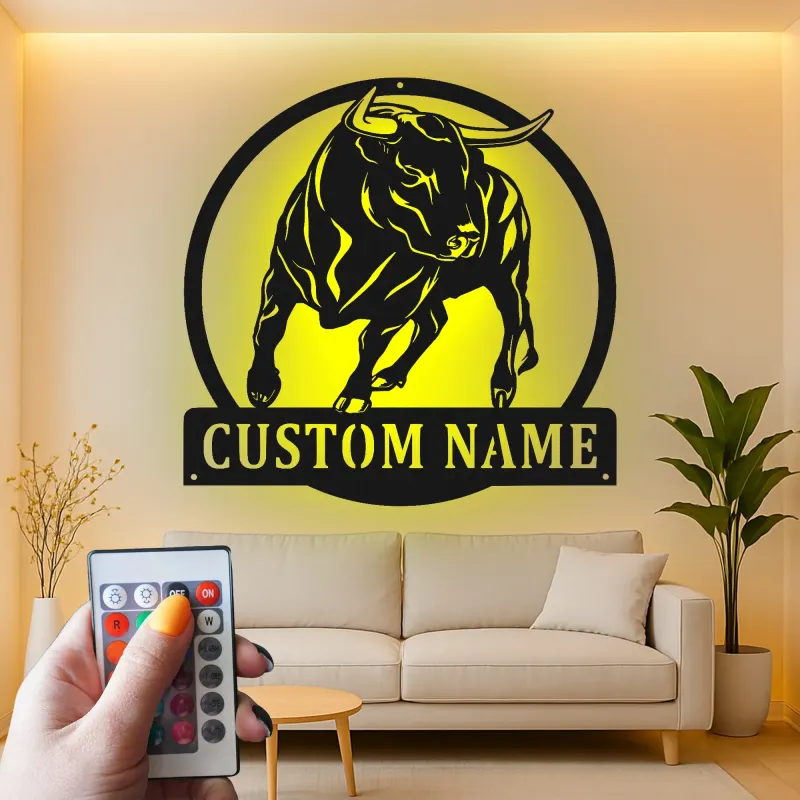 Décoration murale en métal personnalisée avec éclairage LED de taureau - Cadeau pour éleveurs - Décor de ferme rustique