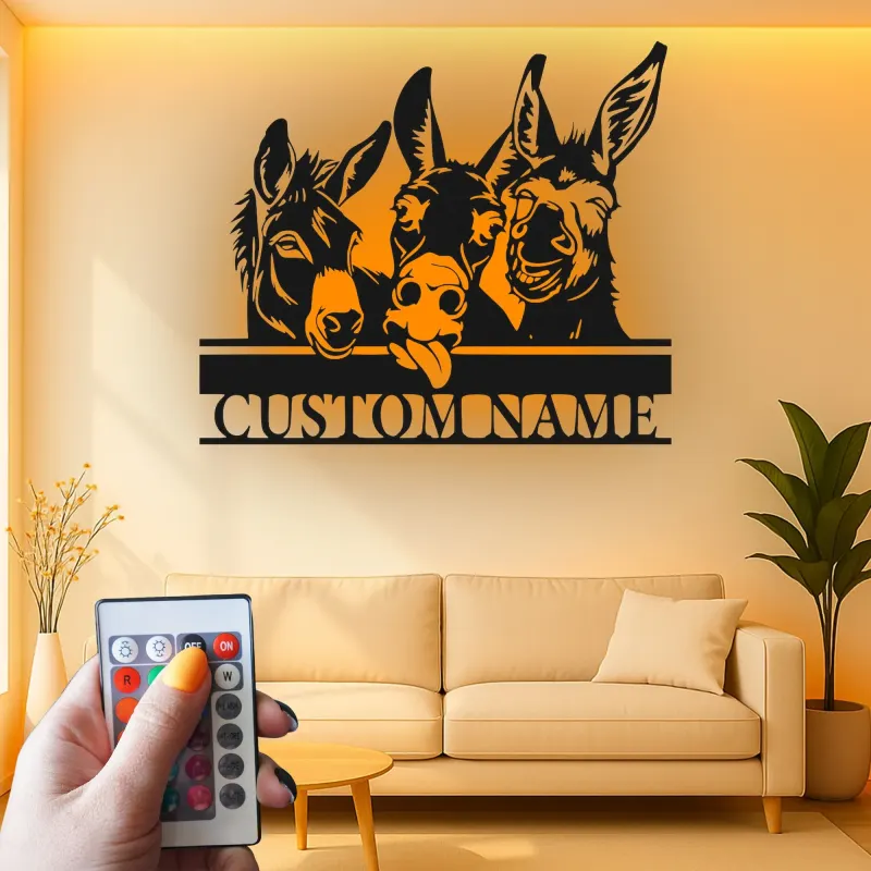 Insegna in metallo LED Donkey Trio Personalizzata Regalo per Fattoria Decorazione Soggiorno Rustico