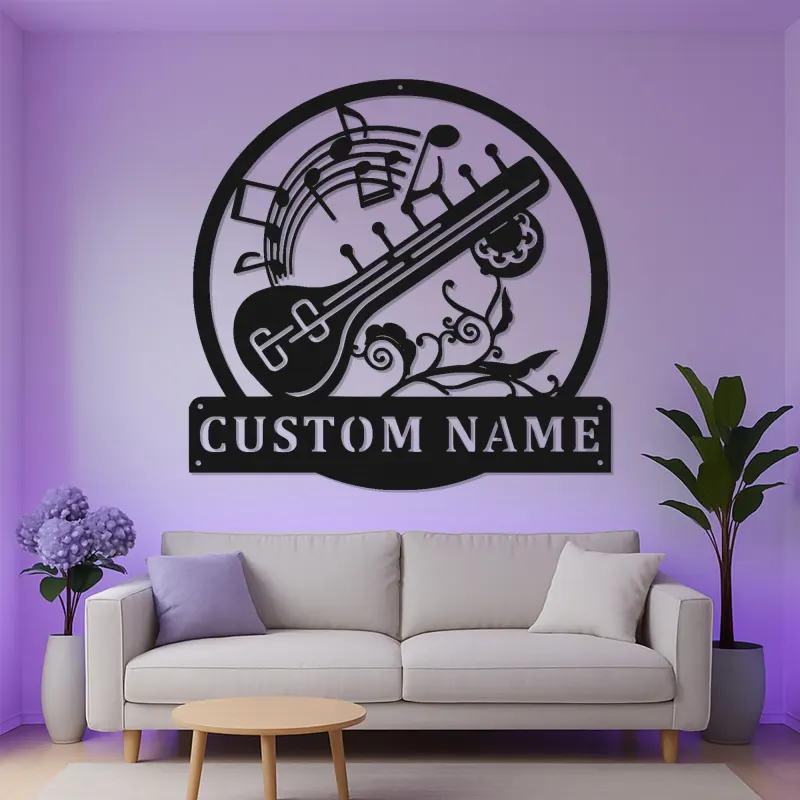 Panneau LED Sitar Personnalisé | Décoration murale en métal sur mesure pour studio de musique | Cadeau pour musicien | Décor d'instrument indien