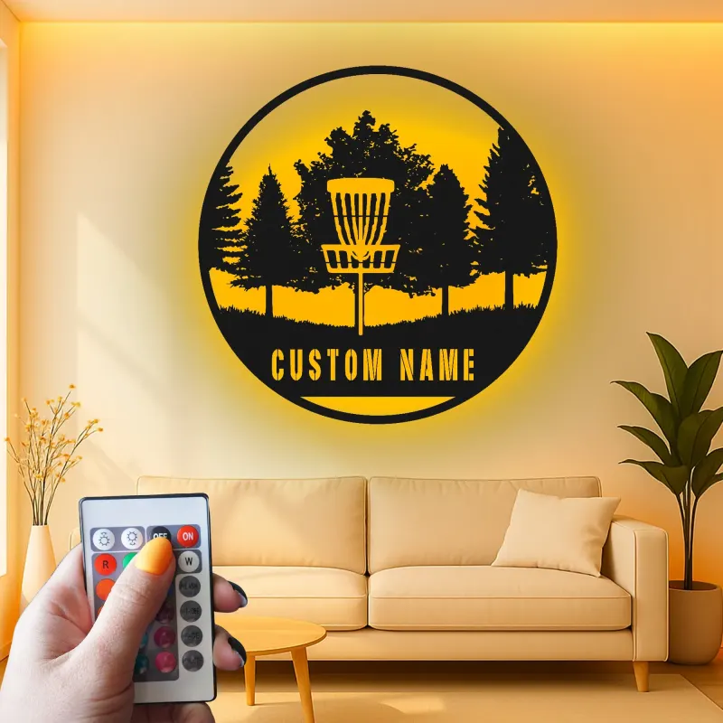 Décoration murale en métal personnalisée avec rétroéclairage LED pour panier de disc golf - Cadeau personnalisé pour passionnés de disc golf