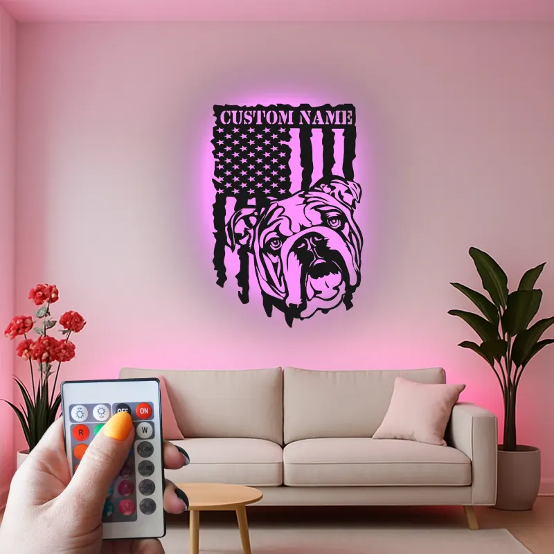 Décoration murale en métal personnalisée avec bulldog et drapeau américain éclairée LED - Cadeau pour amoureux des chiens, décoration intérieure patriotique