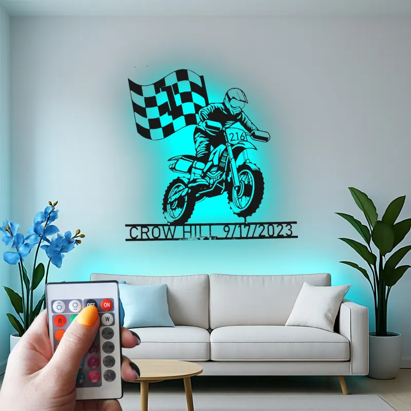 Panneau LED Motocross Personnalisé | Décoration Murale en Métal sur Mesure | Nom et Numéro du Pilote | Décor de Garage Sportif