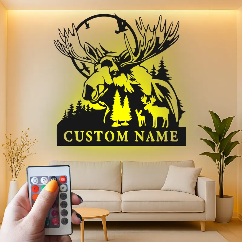 Custom Moose Family Sign | LED Lighted Metal Wall Art | Rustic Cabin Decor | Personalized Lodge Signage | Outdoorsman Gift