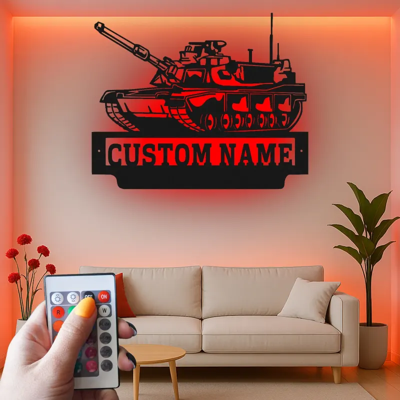 Arte in Metallo Tank Militare | Insegna LED Personalizzata con Nome per Soldato | Decorazione per Man Cave e Garage