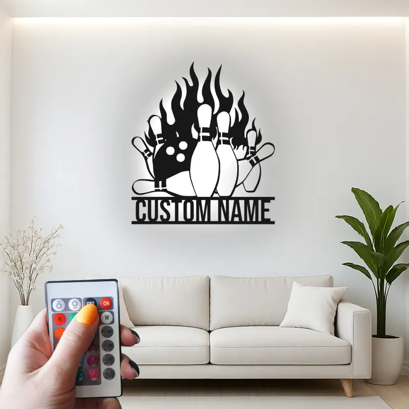 Cartel de metal LED personalizado de pines de bolos para entusiastas del boliche, regalo para decoración de sala de juegos 1