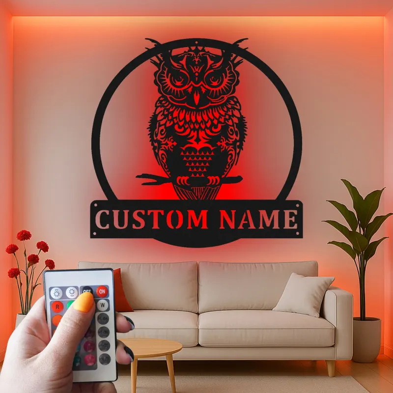 Insegna personalizzata con gufo reale | Arte murale LED in metallo | Decorazione wildlife personalizzata per casa o baita | Regalo per amanti degli uccelli