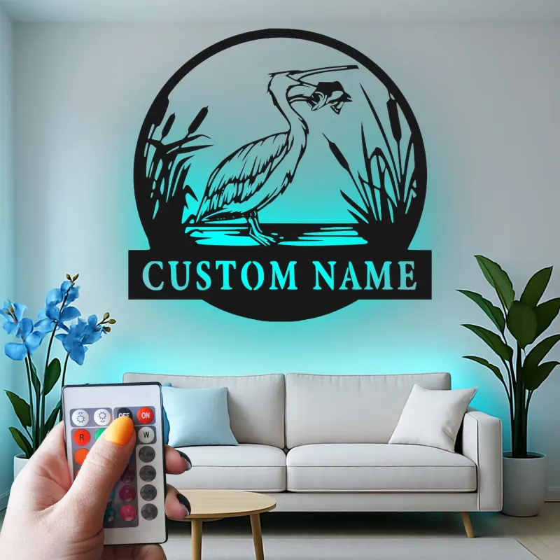 Insegna in metallo personalizzata con Airone e luci LED | Arte murale di fauna selvatica personalizzata | Decorazione per casa al lago e patio esterno