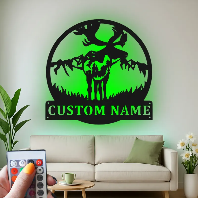 Cartel de metal personalizado de alce | Decoración mural de fauna salvaje con luces LED | Decoración rústica para cabaña y regalo para cazadores