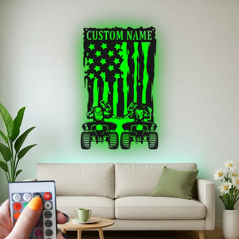 Custom ATV Riders American Flag Led Light Metal Wall Art Adventure Gift for Him Garage or Man Cave Decor