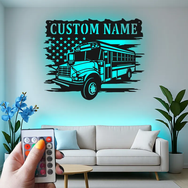Personalized School Bus Driver LED Sign | American Flag Metal Wall Art | Custom Name Gift for Garage or Office Decor