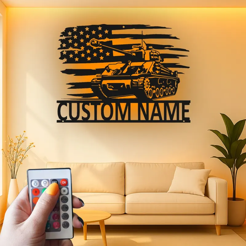 Personalized Tank Metal Art | LED American Flag Sign | Custom Military Decor for Veteran | Man Cave Wall Art