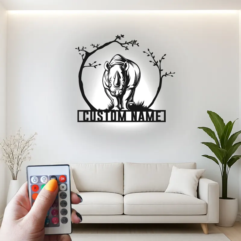 Rhinoceros LED Metal Wall Art | Custom Name Safari Sign | Modern Wildlife Decor for Home & Office