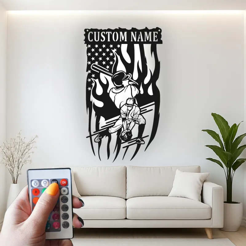 Custom Baseball Player Led Light Metal Wall Art Sports Fan Gift Game Room Decor for Baseball Lovers