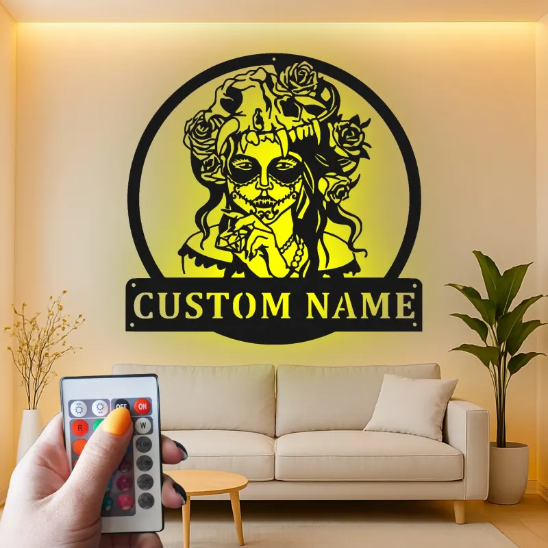 Custom Sugar Skull Metal Sign | LED Day of The Dead Wall Art | Personalized Gothic Home & Salon Decor with Nameplate
