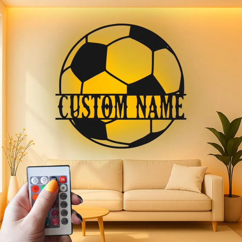 Panneau LED de ballon de football personnalisé | Art mural en métal personnalisé | Décor sportif | Cadeau pour entraîneur | Plaque lumineuse pour chambre de garçon