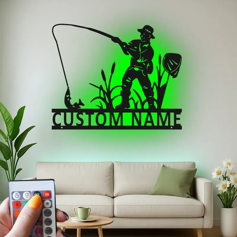 Cartel de pesca personalizado con LED | Arte mural de metal con nombre personalizado | Decoración rústica de casa de campo y regalo para pescador